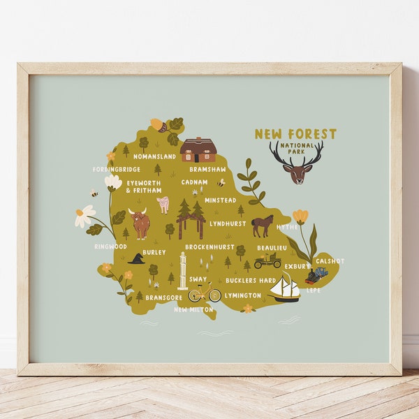 New Forest Map Print | Illustrated Map of New Forest, Hampshire | New Forest Poster Gift | Brockenhurst | Lyndhurst | Beaulieu | Burley