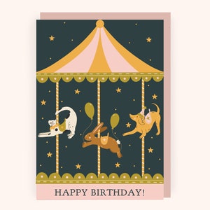 Carte d'anniversaire de chat, chien et lapin de carrousel | Jolie carte d'anniversaire pour enfants | Carte d'anniversaire magique pour enfants | Carte d'anniversaire pour amoureux des animaux de compagnie image 5