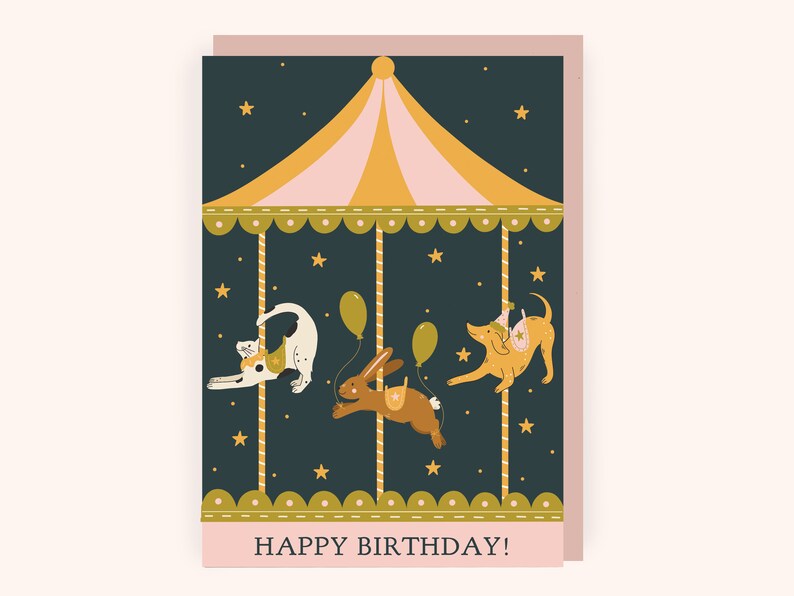 Carte d'anniversaire de chat, chien et lapin de carrousel | Jolie carte d'anniversaire pour enfants | Carte d'anniversaire magique pour enfants | Carte d'anniversaire pour amoureux des animaux de compagnie image 5