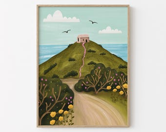 Rame Head Cornwall Illustrated Art Print | Cornish Art Poster | Cornwall Lover Gift | Seaside Landscape Print | South East Cornwall Seascape