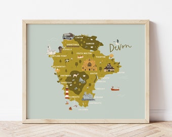 Devon kaart afdrukken | Geïllustreerde kaart van Devon | Dartmoor, Exmoor, Salcombe, Clovelly afdrukken | Devon minnaar cadeau | Devon-muurkunst | Strand decor