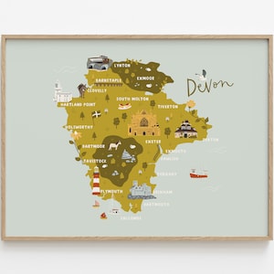 Devon Map Print | Illustrated Map of Devon | Dartmoor, Exmoor, Salcombe, Clovelly Print | Devon Lover Gift | Devon Wall Art | Beach Decor