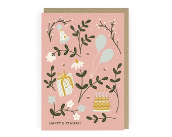 Pretty Pink Birthday Card | Balloons Birthday Card for Daughter | Cute Birthday Cake Card for Friend | Floral A6 Birthday Card with Bees