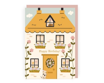 Floral Birthday House Card | Pretty Birthday Card | Cute Friend Birthday Card | Birthday for Dog or cat Lover | A6 Birthday Card for Her