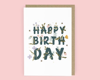 Floral Happy Birthday Day Card | Flowers Birthday Card for Her | Cute A6 Birthday Card for Mum | Birthday Card for Nan |Pretty Birthday Card