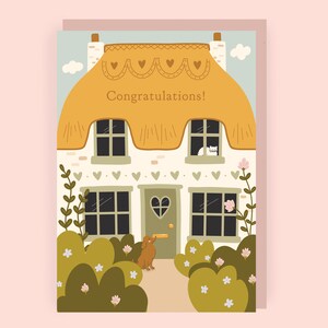 Thatched cottage new home card for cat or dog lover.