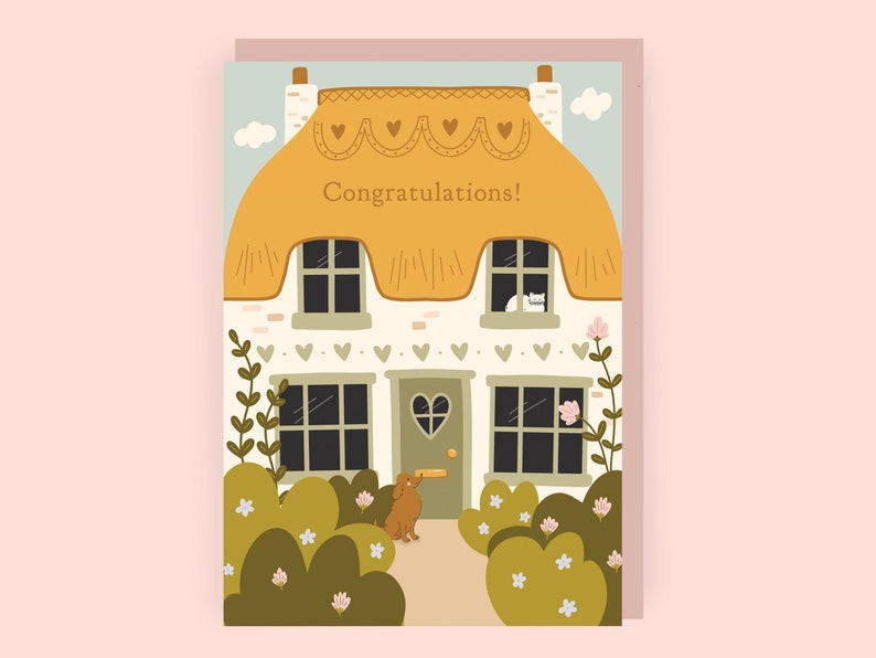 Thatched cottage new home card for cat or dog lover.