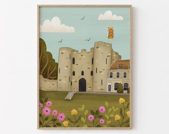 Tonbridge Castle Illustrated Art Print | Kent Art Poster | Kent Lover Gift | Garden of England Landscape Print