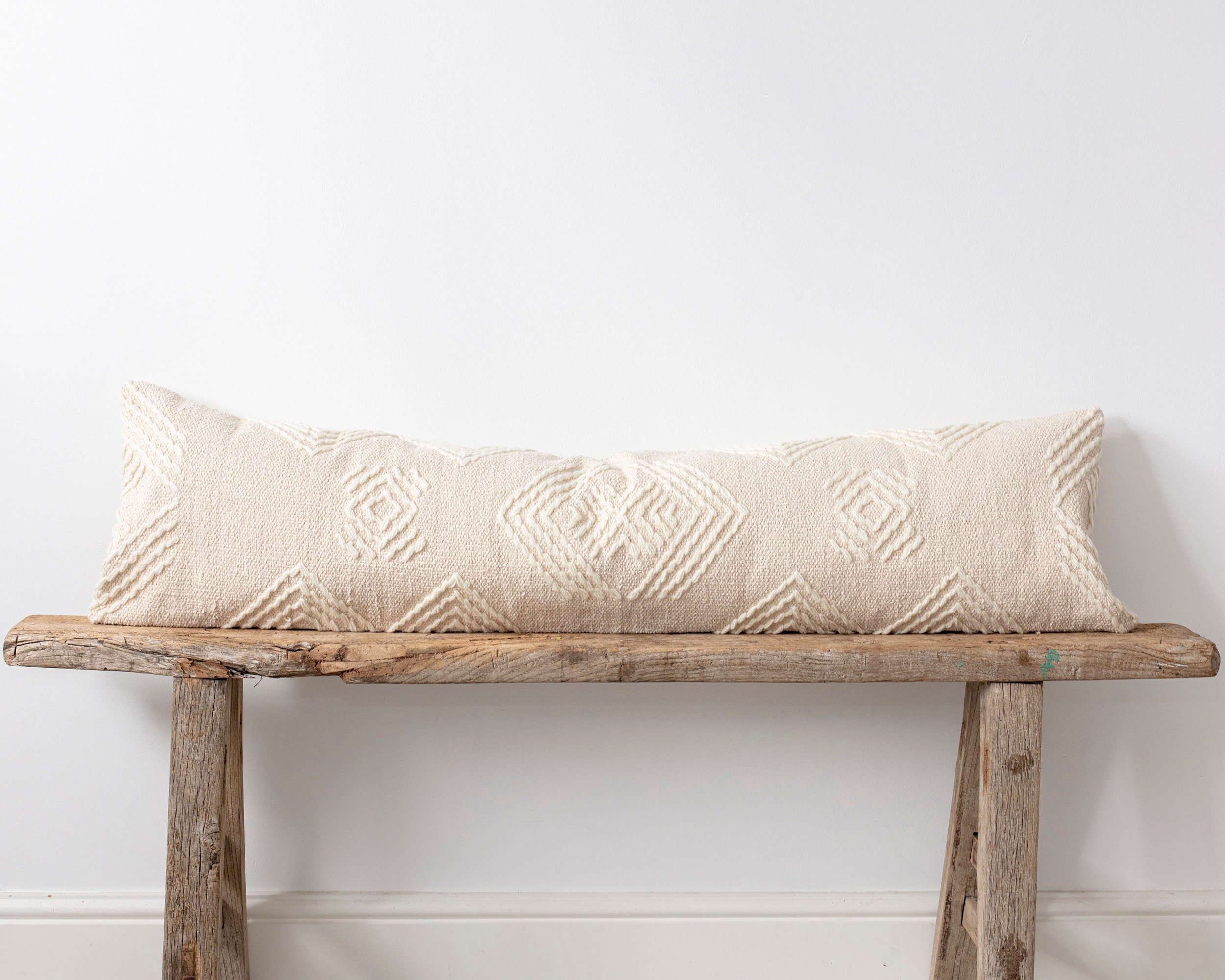 Oreiller de Lit Crème, Long Coussin Lombaire Boho, Lit, Rectangulaire Texturé Marocain Tissé