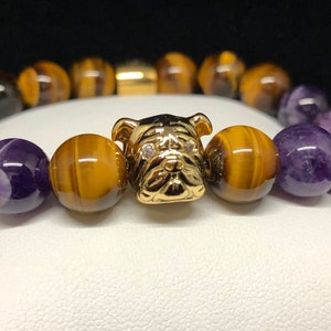 FRATERNITY INSPIRED :Mens Omega Psi Phi inspired bracelet. Gold and purple w/ gold dog. Tigereye and amethyst gemstones. HBCU greek inspired