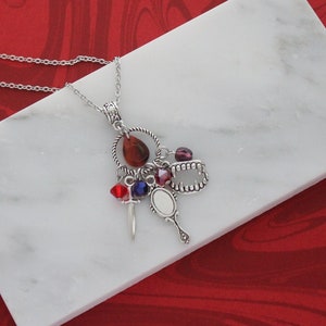 Vampire Rogue Necklace - Silver Charms RPG Rogue Dagger Sword Vampire Fangs Companion Dungeon Game Geek Gift Story Fighter Bard Pale Elf