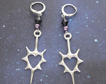 Night Spear Earrings - Heart Shadow Magic Weave Silver Charm Huggie Lever Earring Drop - Goth Elegant RPG Companion Geek Gift Dungeon Game