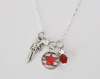 Bucky Charm Necklace - Comic Inspired Jewelry - Bucky Barnes Cap America Silver Charm Necklace Red Star Sebastian Fan Gift Fanart