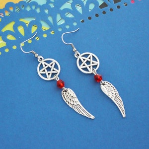 Supernatural Charm Earrings - Supernatural Inspired Jewelry Castiel Angel Wing Sam Dean Winchester Silver Earring Pentagram SPN Fan Gift