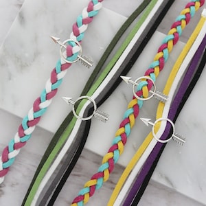 Pride and Joy Bracelets - Flag Pride Color Bracelet - Bisexual Pan Trans Ace Aro Non Binary - Silver Arrow Charm - Vegan Faux Suede Cord