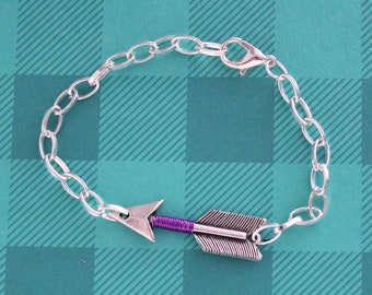 Purple Hawkeye Arrow Bracelet - Wire Wrapped Charm - Comic Hero Inspired Jewelry - Silver Arrow Charm Bracelet - Clint Kate Nerd Geek Gift