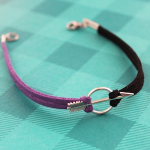 Two Toned Hawkeye Bracelet Comic Hero Inspired Jewelry Clint Barton Kate Bishop Avenger Silver Arrow Charm Purple Black Faux Suede Bracelet