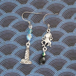Kraken and Lighthouse Earrings, OFMD Ed Stede Charm Dangle Ear, BlackBonnet Blackbeard Stede, Silver Pirate Ocean Charm Lighthouse Octopus