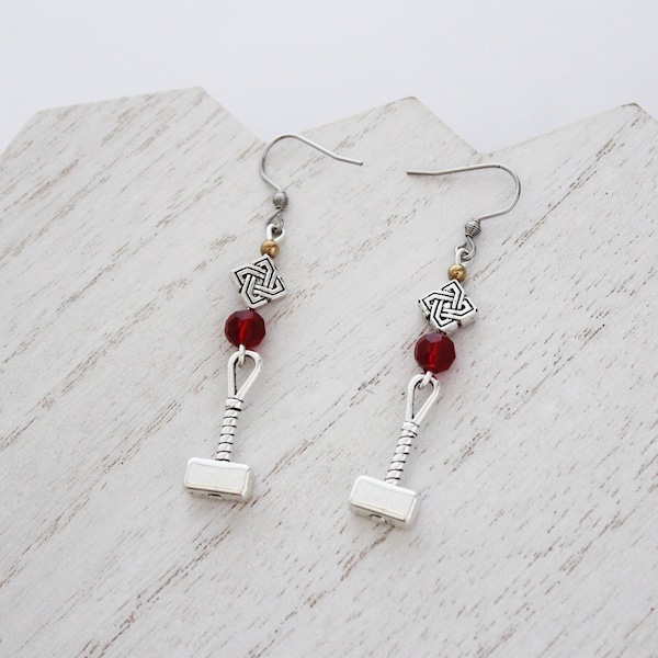 Thor Hammer Earrings - Thor Mjolnir Silver Hammer Charm - Comic Inspired Jewelry - Silver Red Dangle Earrings - Thor Fan Geek Gift