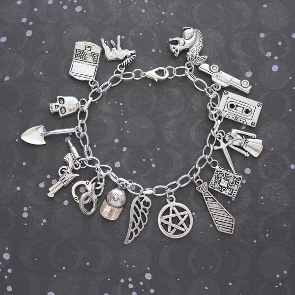 Supernatural Silver Bracelet - Icon Charm Bracelet - Supernatural Inspired Jewelry - Dean Sam Winchester Castiel - Fan Geek Gift Fandom Nerd