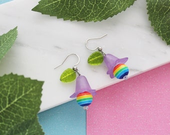 Garden Blooms Earrings - Pride Jewelry - Fairycore Cottagecore Regency - Pride Flag Rainbow Bead - Flower Drop Petal Earring - Fairy Cottage