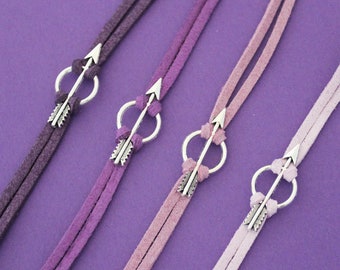 Hawkeye Arrow Bracelet - Hero Inspired Jewelry - Comic Book Super Hero Clint Kate Lucky - Silver Arrow Purple Vegan Suede Geek Gift