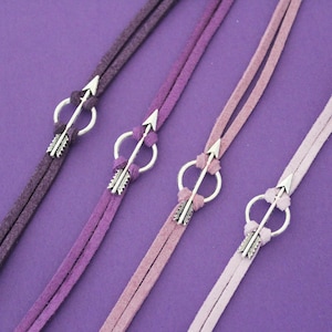 Hawkeye Arrow Bracelet - Hero Inspired Jewelry - Comic Book Super Hero Clint Kate Lucky - Silver Arrow Purple Vegan Suede Geek Gift