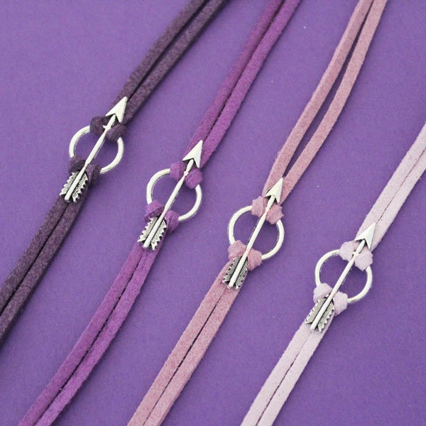 Hawkeye Arrow Bracelet - Hero Inspired Jewelry - Comic Book Super Hero Clint Kate Lucky - Silver Arrow Purple Vegan Suede Geek Gift