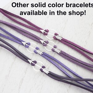 May include: Four suede bracelets in shades of purple with silver arrow charms.  Other solid color bracelets available in the shop!