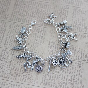 May include: A silver charm bracelet with a variety of charms, including a dragon, a tree, a feather, a snake, a compass, a dice, a sword, an axe, and a key. The bracelet is on a white background.