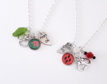 Harley Ivy Friendship Necklace Set - Partner in Crime Jewelry - Harley and Poison Ivy OTP Best Friend Necklaces Silver Fan Gift