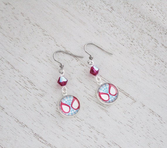 Gwen Stacy Earrings - Comic Hero Inspired Jewelry Art Cabochon Earrings Silver Charm Earring - Spider Girl Gwen Gift