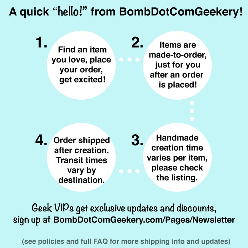 K&ouml;nnte beinhalten: Ein hellblauer Hintergrund mit vier wei&szlig;en Kreisen, die Informationen &uuml;ber den Prozess der Bestellung von handgefertigten Artikeln enthalten. Die Kreise sind von 1 bis 4 nummeriert. Der Text im Kreis 1 lautet "Finden Sie einen Artikel, den Sie lieben, bestellen Sie ihn und freuen Sie sich!" Der Text im Kreis 2 lautet "Artikel werden auf Bestellung gefertigt, nur f&uuml;r Sie, nachdem eine Bestellung aufgegeben wurde!" Der Text im Kreis 3 lautet "Die handgefertigte Herstellungszeit variiert je nach Artikel, bitte &uuml;berpr&uuml;fen Sie die Liste." Der Text im Kreis 4 lautet "Bestellung wird nach der Fertigstellung versandt. Die Lieferzeiten variieren je nach Zielort."