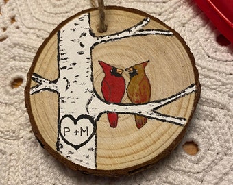 Romantic Cardinal Personalized Ornament Hand Painted Original Art Bird Painting Partner Gift Wedding Anniversary Engagement Christmas Gift