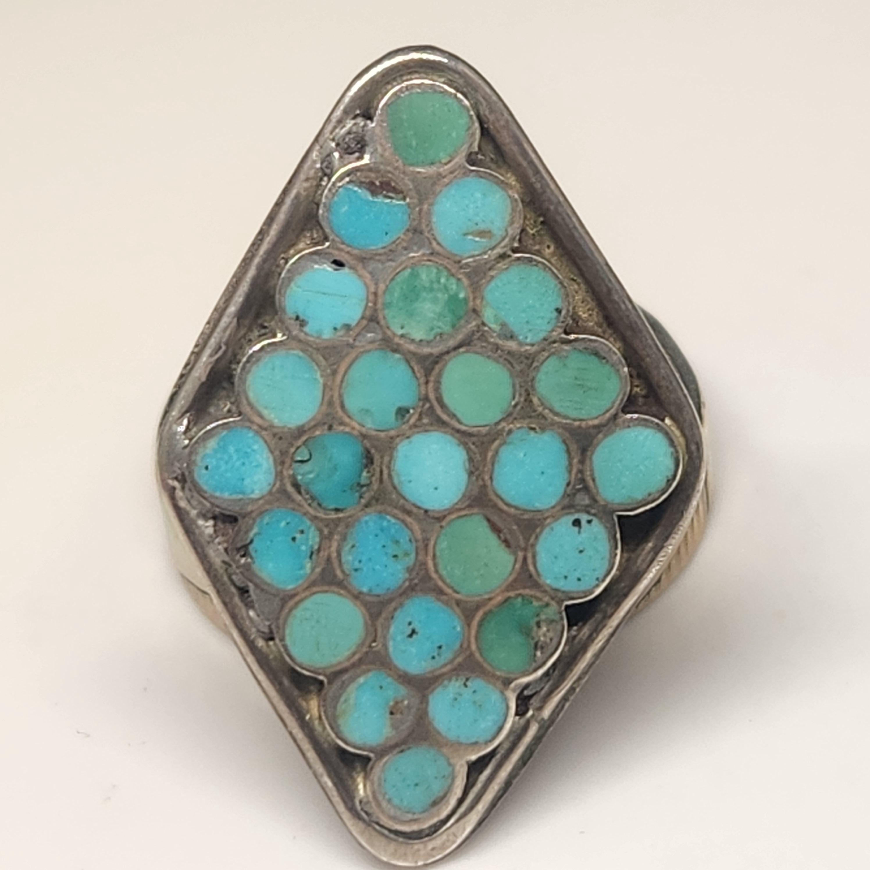 Important Vintage Native American Zuni Sterling Silver Dishta Turquoise Inlay Ring Old Important Vintage Native American Zuni Sterling Silver Dishta Turquoise Inlay Ring Old