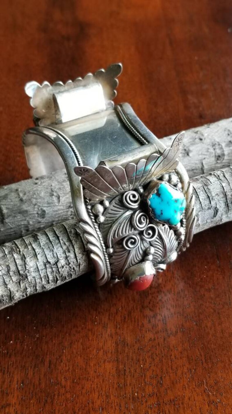 J. W. Toadlena Sterling Silver Turquoise Coral Cuff Watch ...