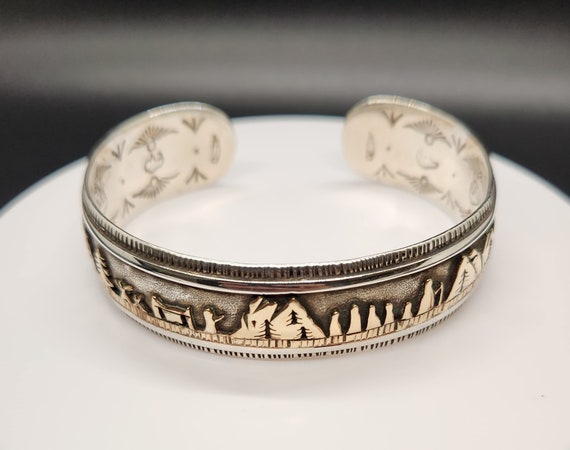 Rare!! Modern Native American Navajo Turquoise Inlay Pueblo Scene Sterling Silver Bracelet Rare!! Modern Native American Navajo Turquoise Inlay Pueblo Scene Sterling Silver Bracelet