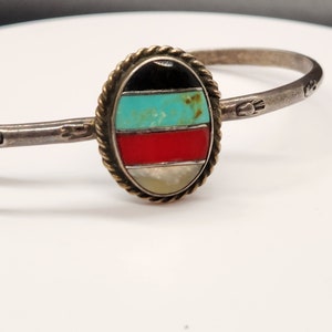 Traditional Zuni Sterling Silver Multi Gemstone Cuff Bracelet Inlay Design Dainty Very Old