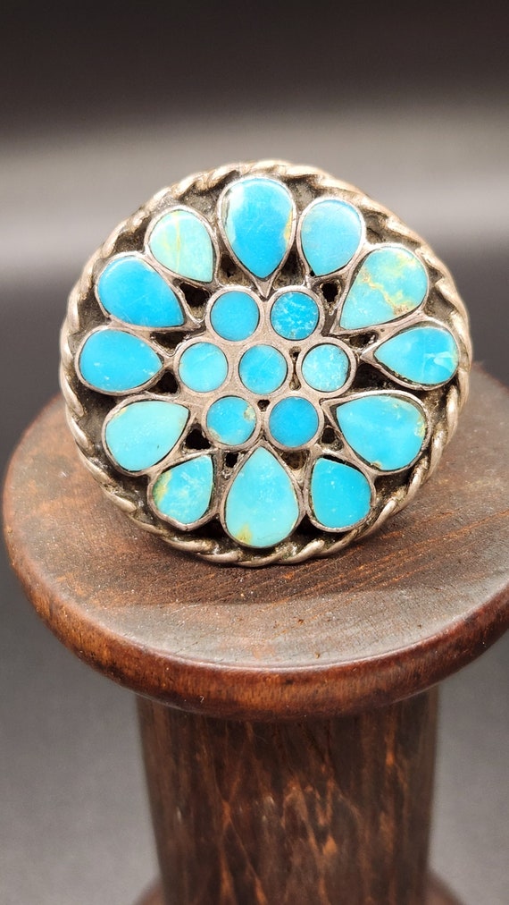 Very Old Dishta Style Turquoise Flush Inlay Stones Sterling Silver