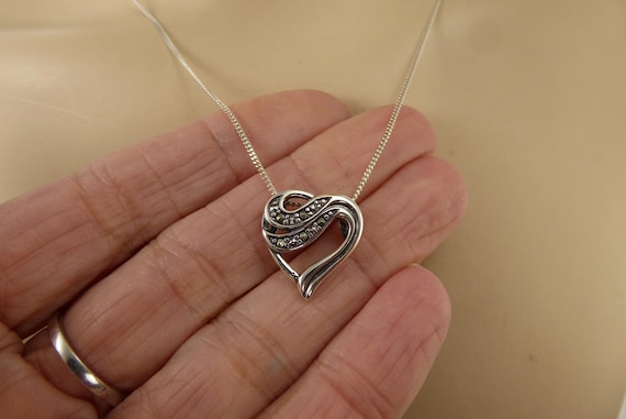 925 Solid Sterling Silver Open Heart Marcasite Ne… - image 5