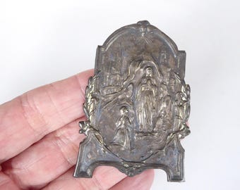 Antiker französischer religiöser Altarminiatur-Metall-Jungfrau Maria-Plakettenständer-Christentum