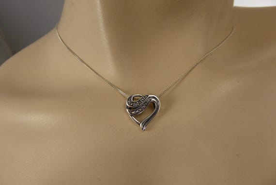 925 Solid Sterling Silver Open Heart Marcasite Ne… - image 3