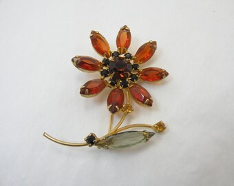 Juliana D&E Amber Rhinestone Flower Gold Tone Pin Brooch Vintage