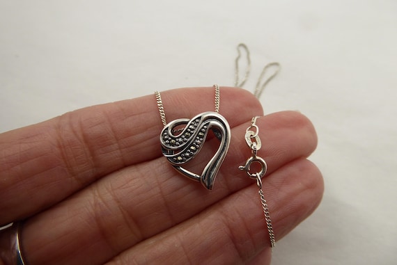 925 Solid Sterling Silver Open Heart Marcasite Ne… - image 10