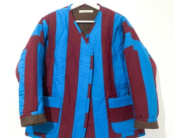 Handgemaakt gestreept katoenen gewatteerd jack: bordeauxblauw patchwork