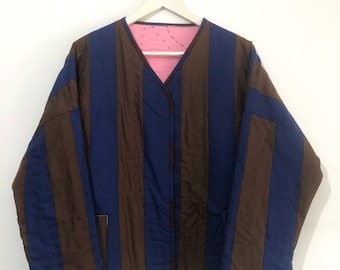 Handgemaakt gestreept katoenen gewatteerd jack: blauw en bruin patchwork