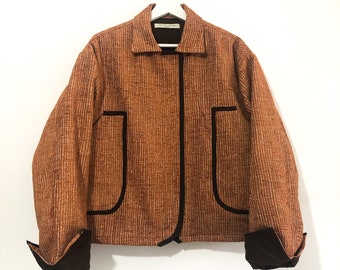 Handgemaakt werkkledingjack van geometrische jacquard: oversized gewatteerde voering