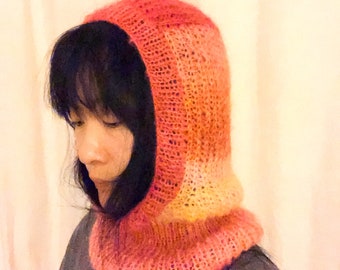 Mohair Gradient Balaclava - fluffy winter knitted hat, Ombre yarn knit balaclava, loose knit hat, Handknit in London