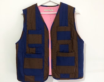 Handgemaakt gestreept katoenen gewatteerd hemd: blauw en bruin gilet