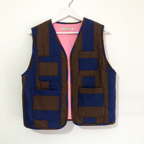 Handmade - Hand quilted vest, hand patched striped cotton gilet, Blue/Brown and Beige/Brown Hand Patched and quilted Gilet, padded gilet
